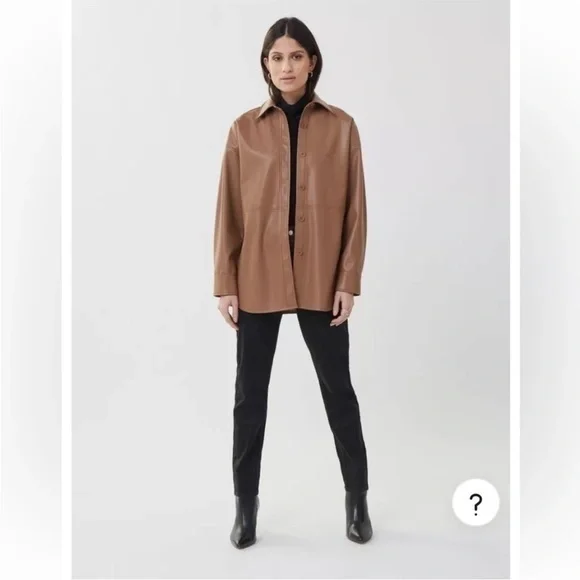 New Joseph Ribkoff | Tan Beige Button Down Vegan Leather Faux Leather Overshirt - Picture 8 of 9